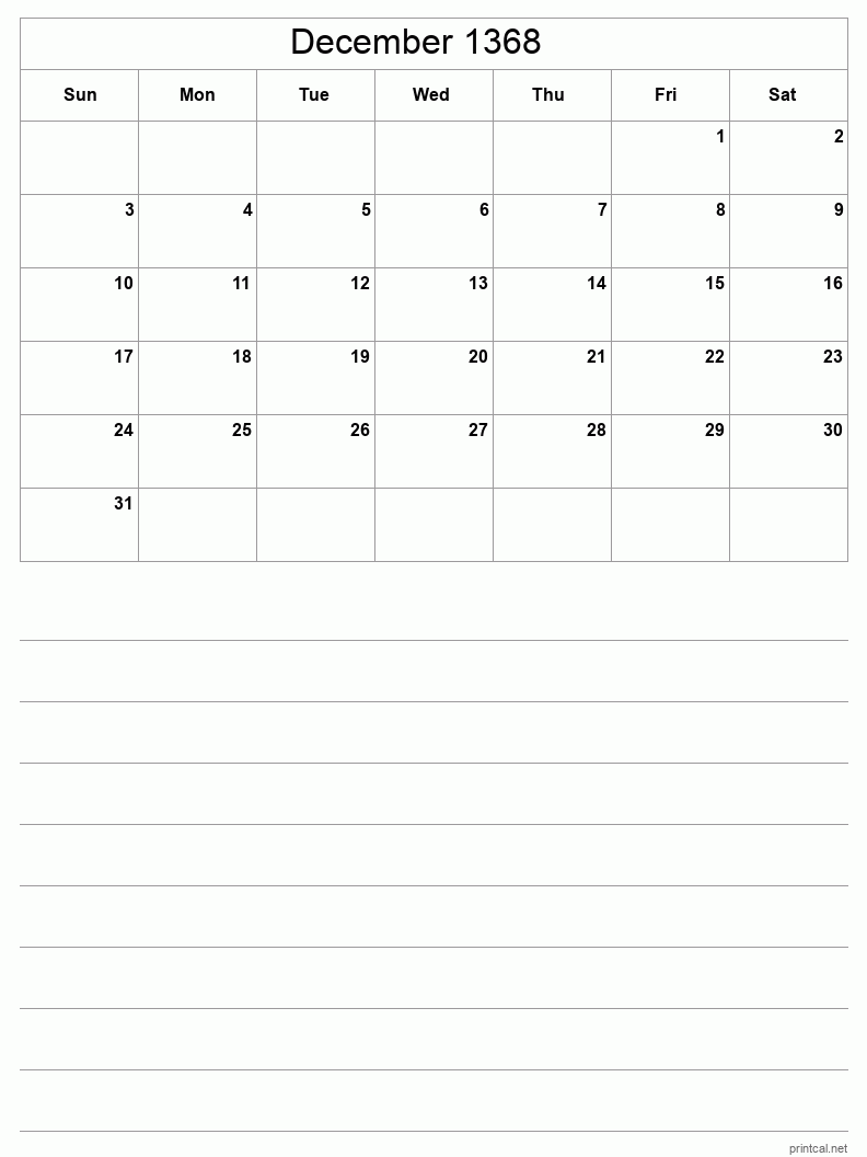 December 1368 Printable Calendar - Half-Page With Notesheet