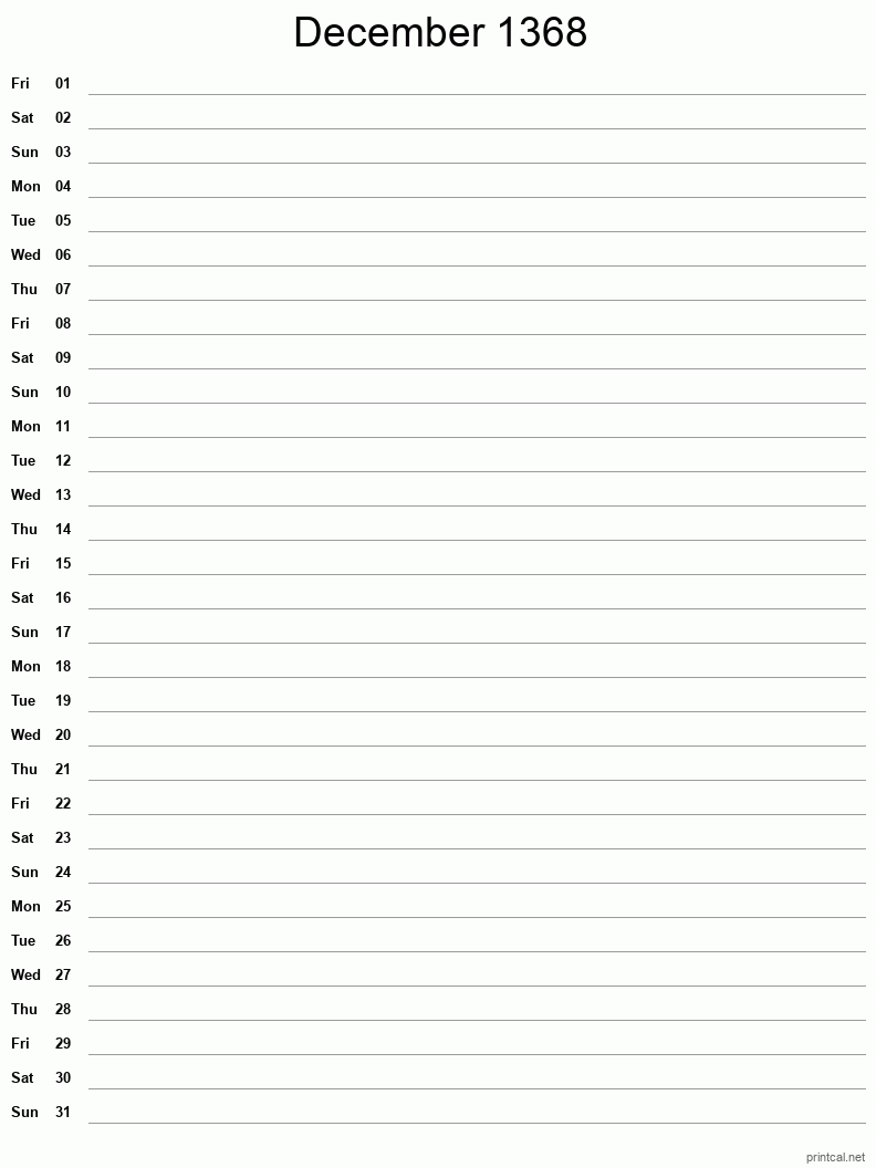 December 1368 Printable Calendar - Single Column Notesheet