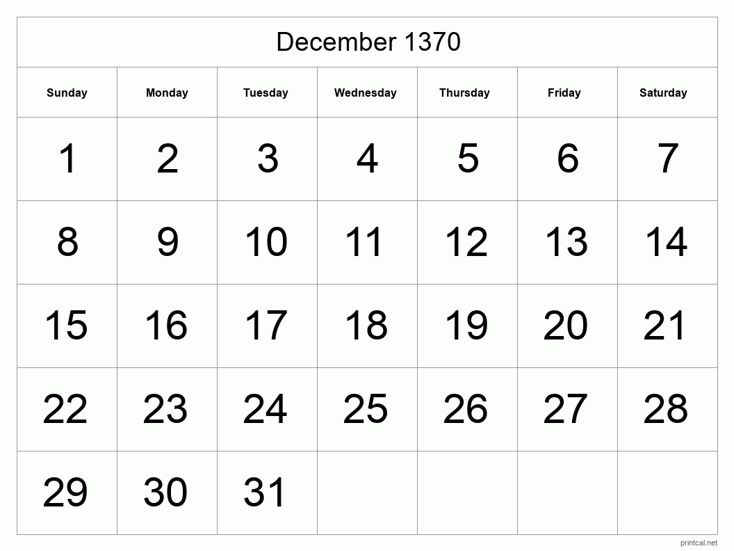 December 1370 Printable Calendar - Big Dates