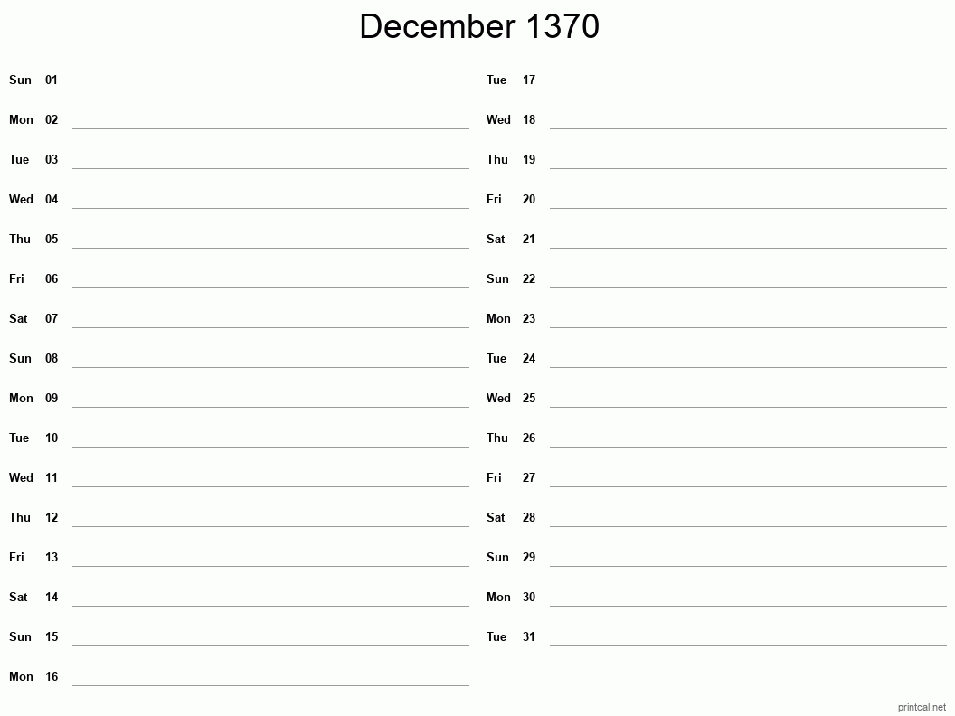 December 1370 Printable Calendar - Two Column Notesheet