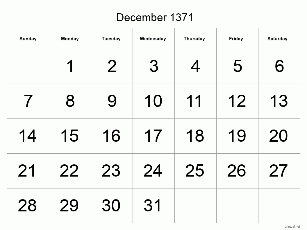 December 1371 Printable Calendar - Big Dates