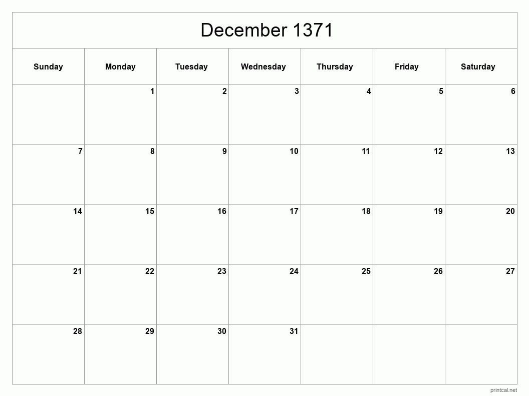 December 1371 Printable Calendar - Classic Blank Sheet