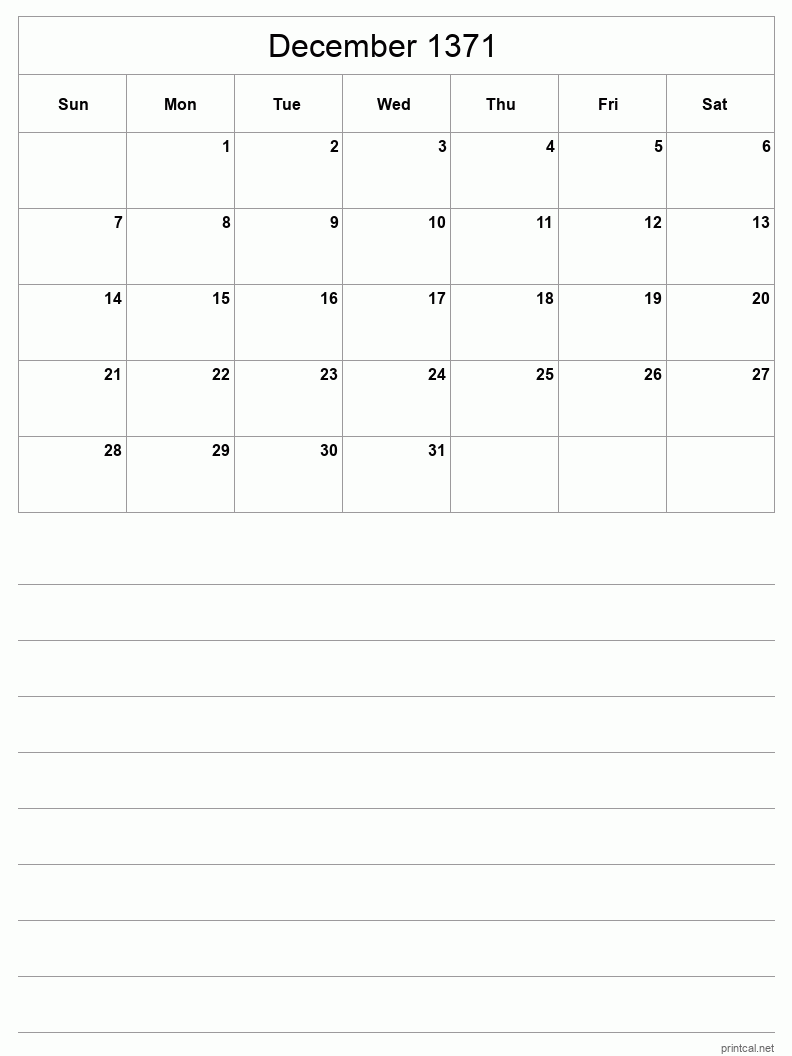 December 1371 Printable Calendar - Half-Page With Notesheet