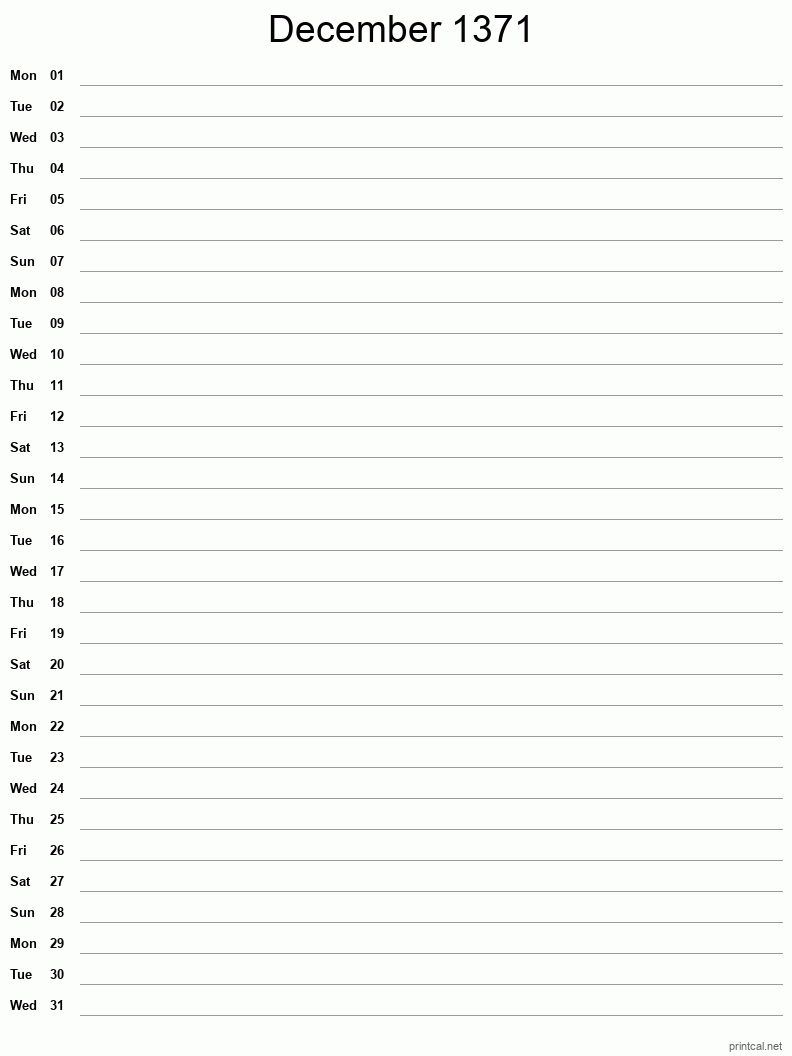 December 1371 Printable Calendar - Single Column Notesheet