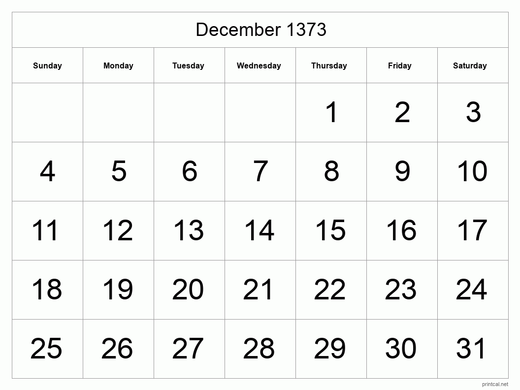 December 1373 Printable Calendar - Big Dates