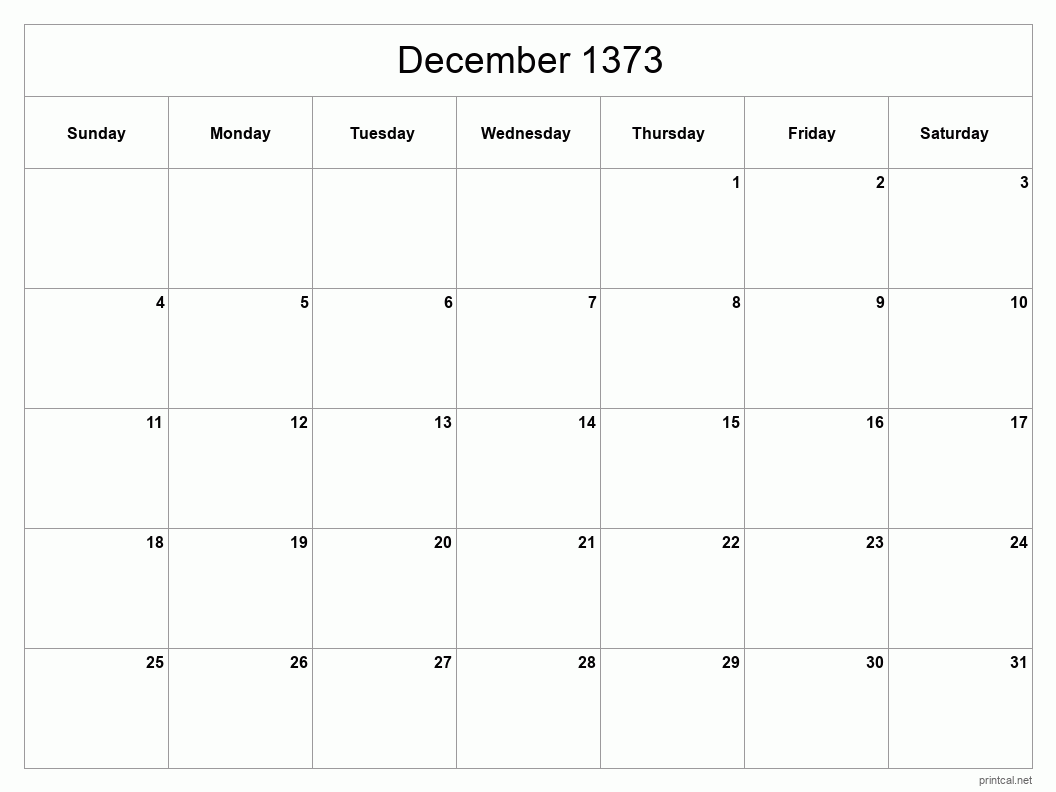 December 1373 Printable Calendar - Classic Blank Sheet