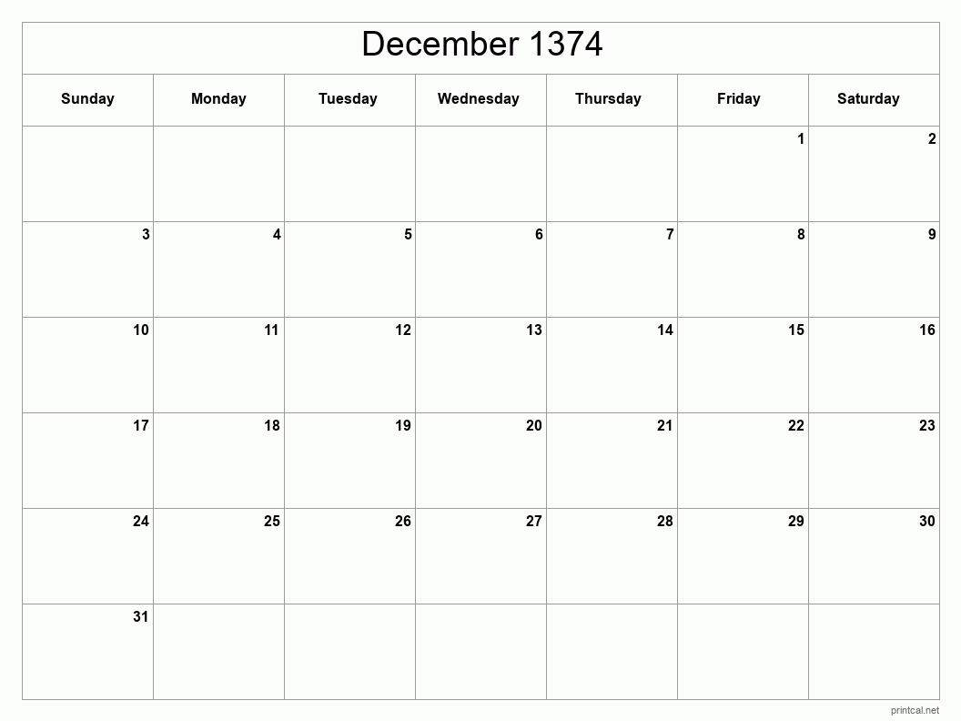 December 1374 Printable Calendar - Classic Blank Sheet