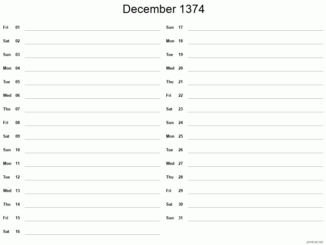 December 1374 Printable Calendar - Two Column Notesheet