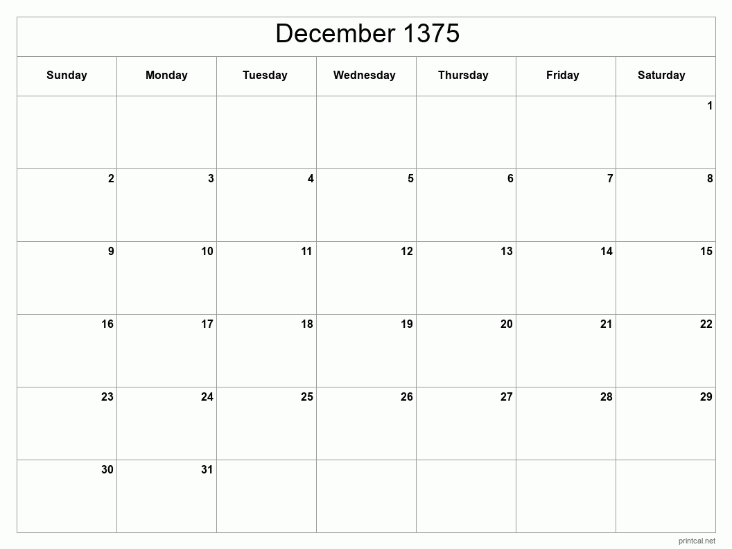December 1375 Printable Calendar - Classic Blank Sheet