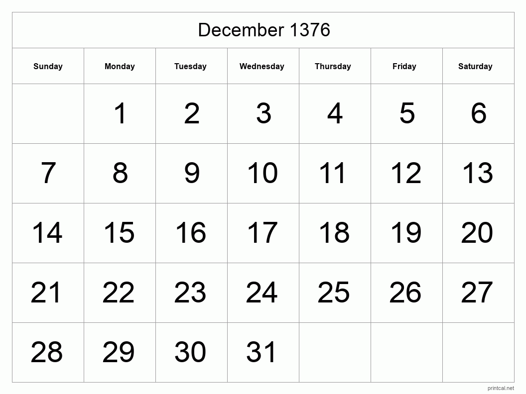 December 1376 Printable Calendar - Big Dates