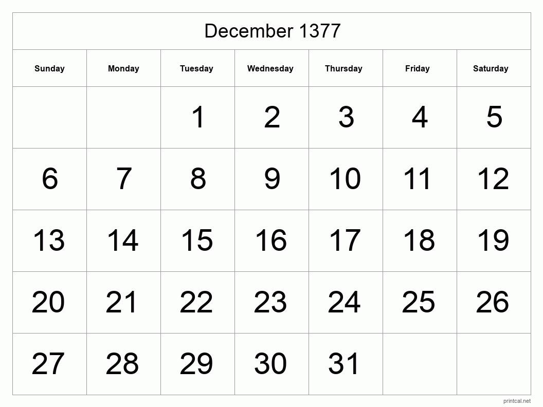December 1377 Printable Calendar - Big Dates