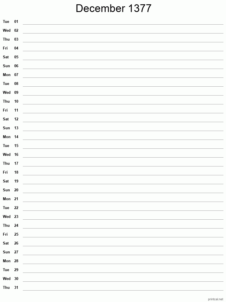December 1377 Printable Calendar - Single Column Notesheet