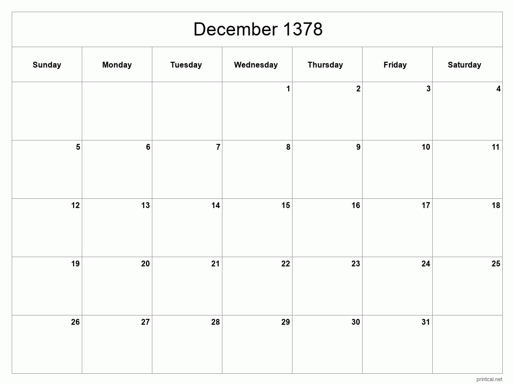 December 1378 Printable Calendar - Classic Blank Sheet