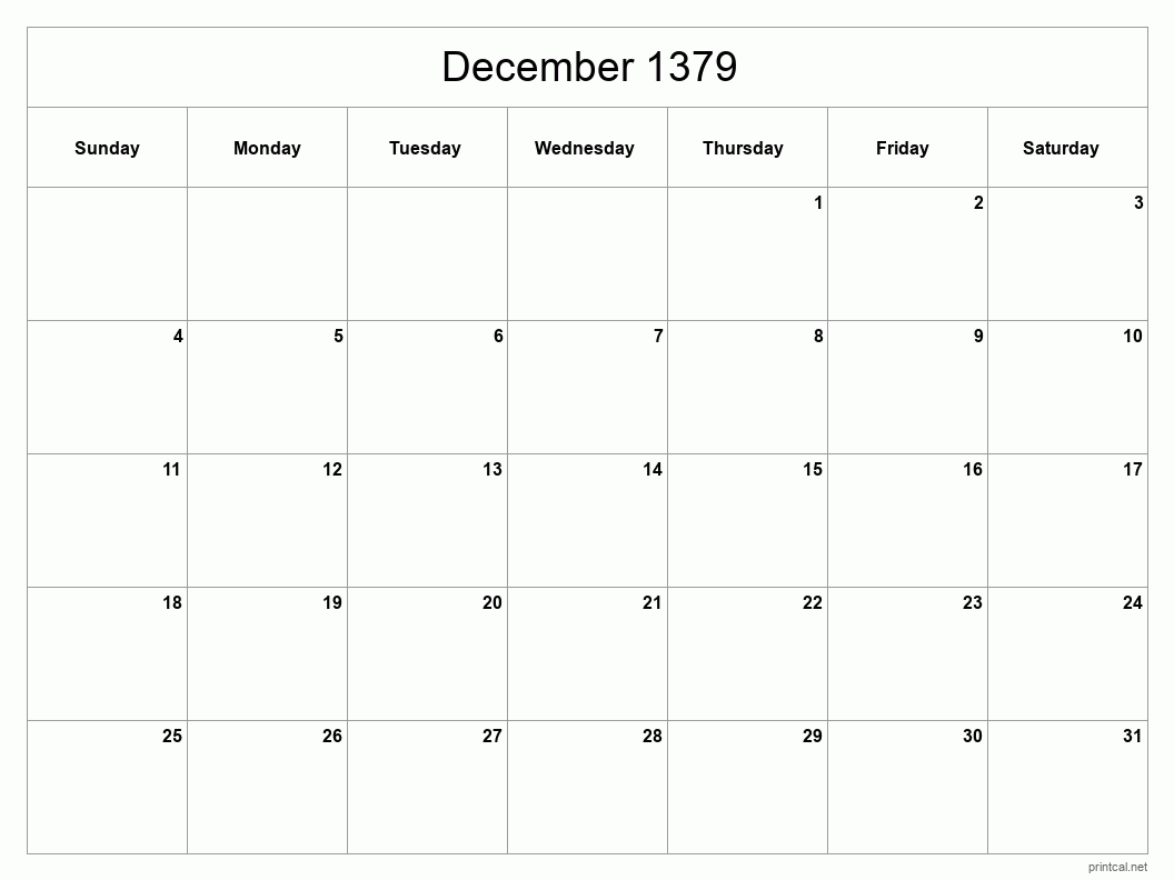 December 1379 Printable Calendar - Classic Blank Sheet