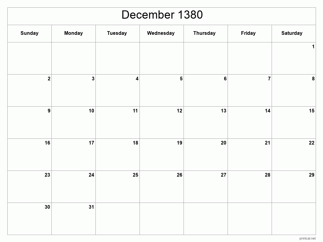 December 1380 Printable Calendar - Classic Blank Sheet