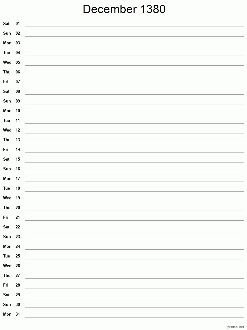 December 1380 Printable Calendar - Single Column Notesheet