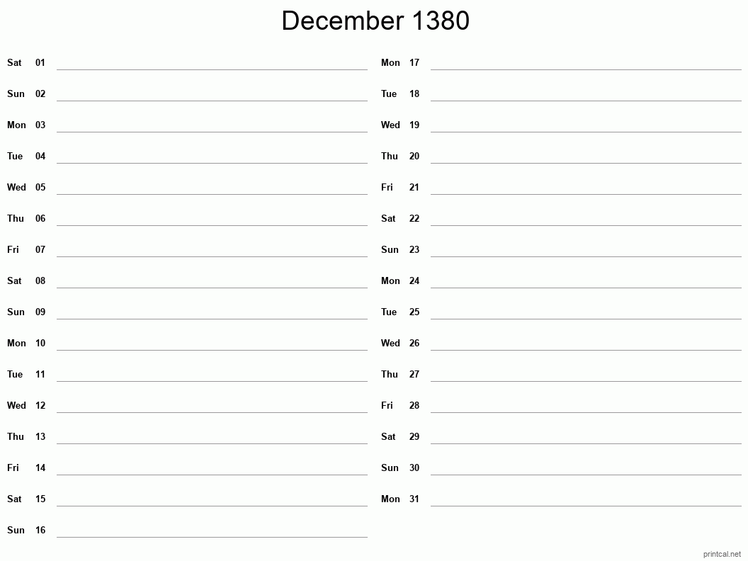 December 1380 Printable Calendar - Two Column Notesheet