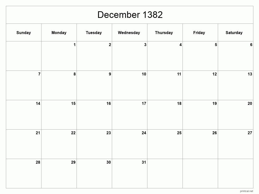 December 1382 Printable Calendar - Classic Blank Sheet