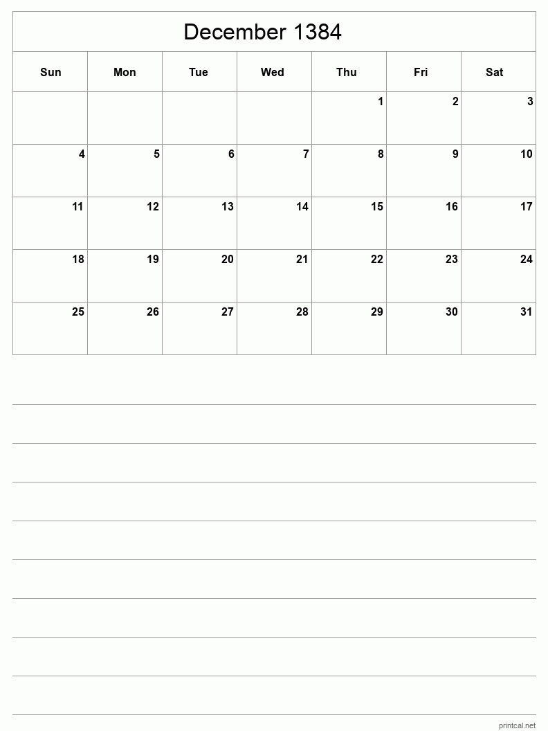 December 1384 Printable Calendar - Half-Page With Notesheet