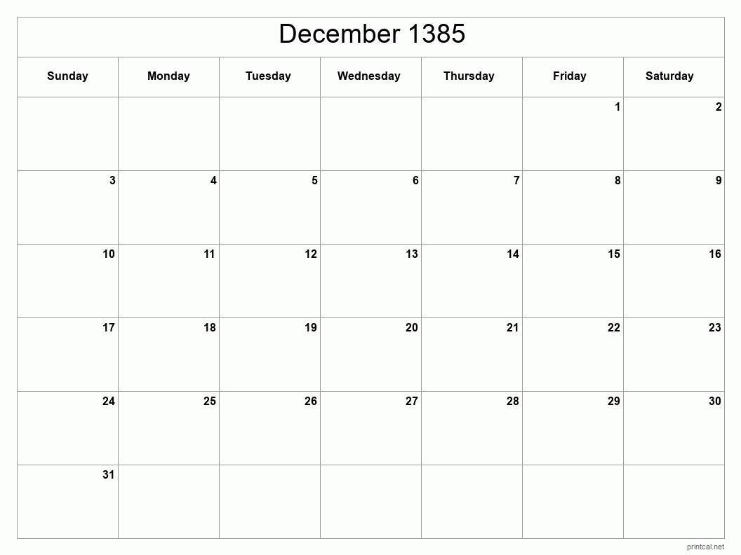 December 1385 Printable Calendar - Classic Blank Sheet