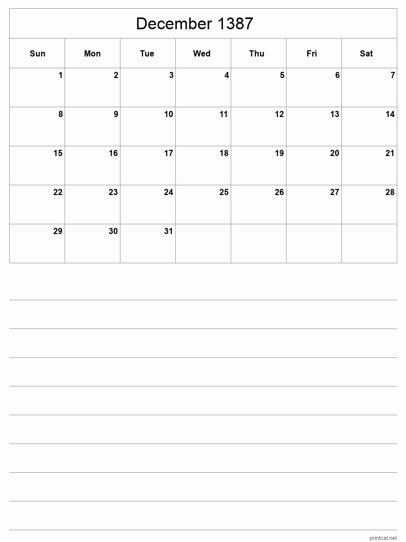 December 1387 Printable Calendar - Half-Page With Notesheet