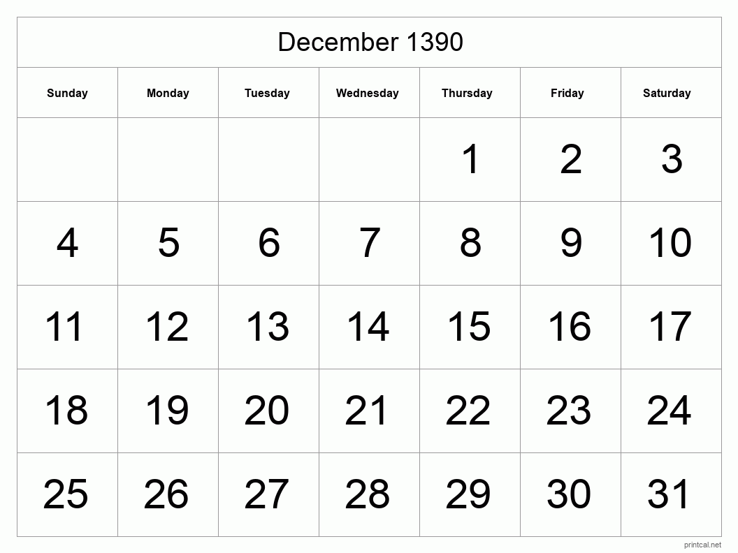 December 1390 Printable Calendar - Big Dates
