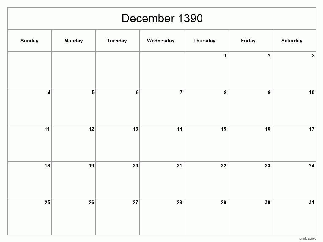 December 1390 Printable Calendar - Classic Blank Sheet