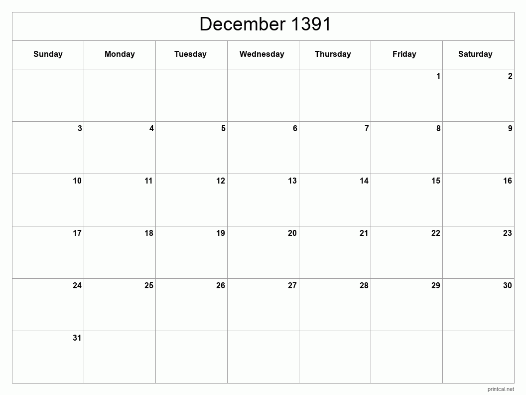December 1391 Printable Calendar - Classic Blank Sheet