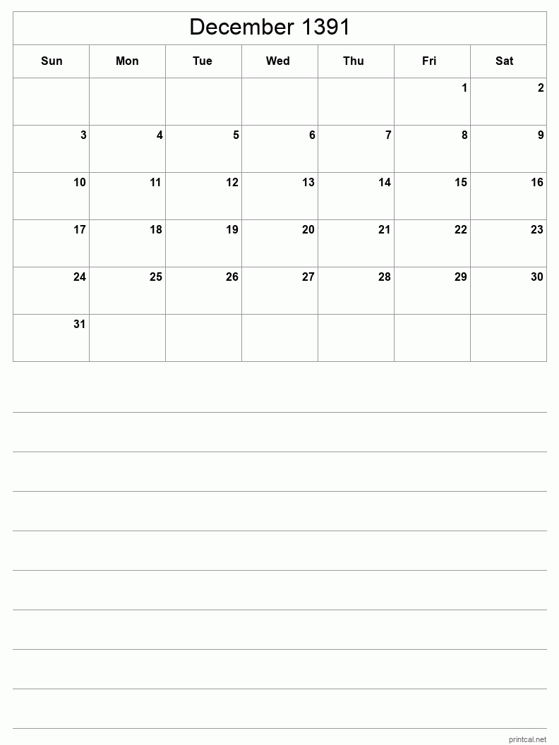 December 1391 Printable Calendar - Half-Page With Notesheet