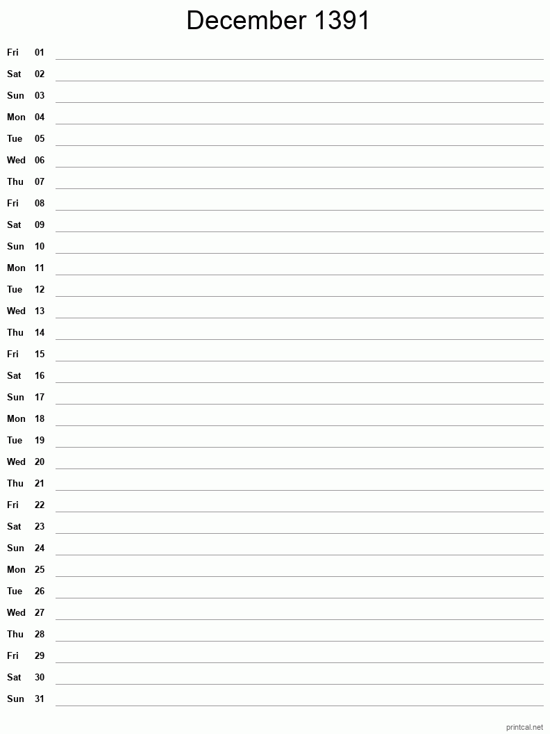 December 1391 Printable Calendar - Single Column Notesheet
