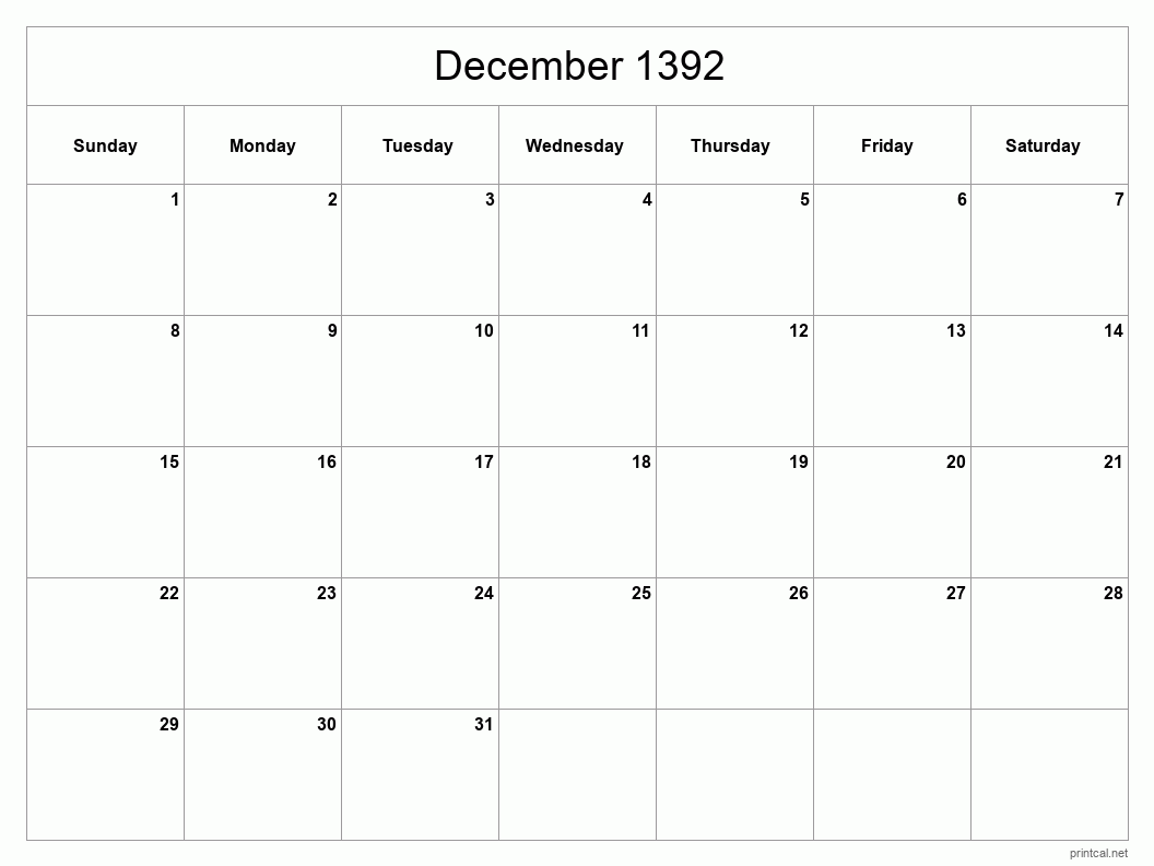 December 1392 Printable Calendar - Classic Blank Sheet