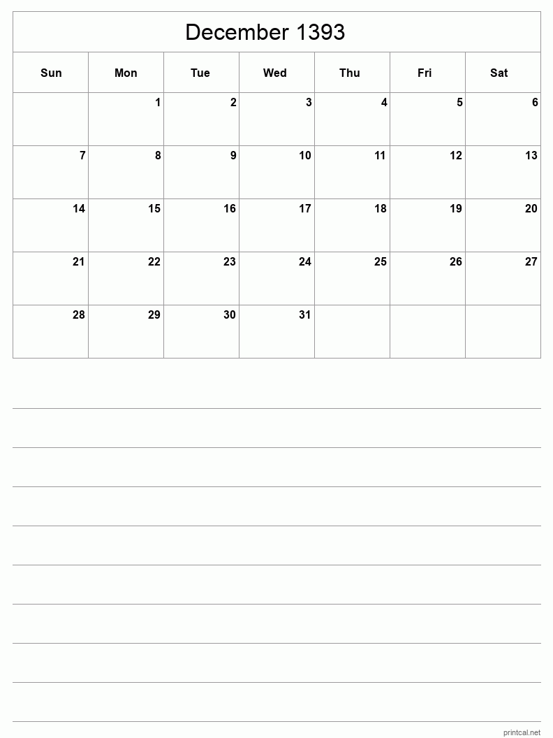 December 1393 Printable Calendar - Half-Page With Notesheet
