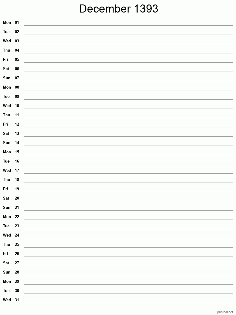 December 1393 Printable Calendar - Single Column Notesheet