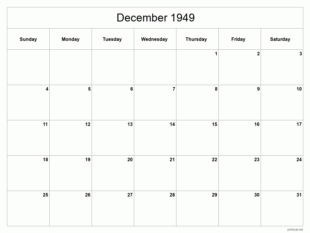 December 1949 Printable Calendar - Classic Blank Sheet