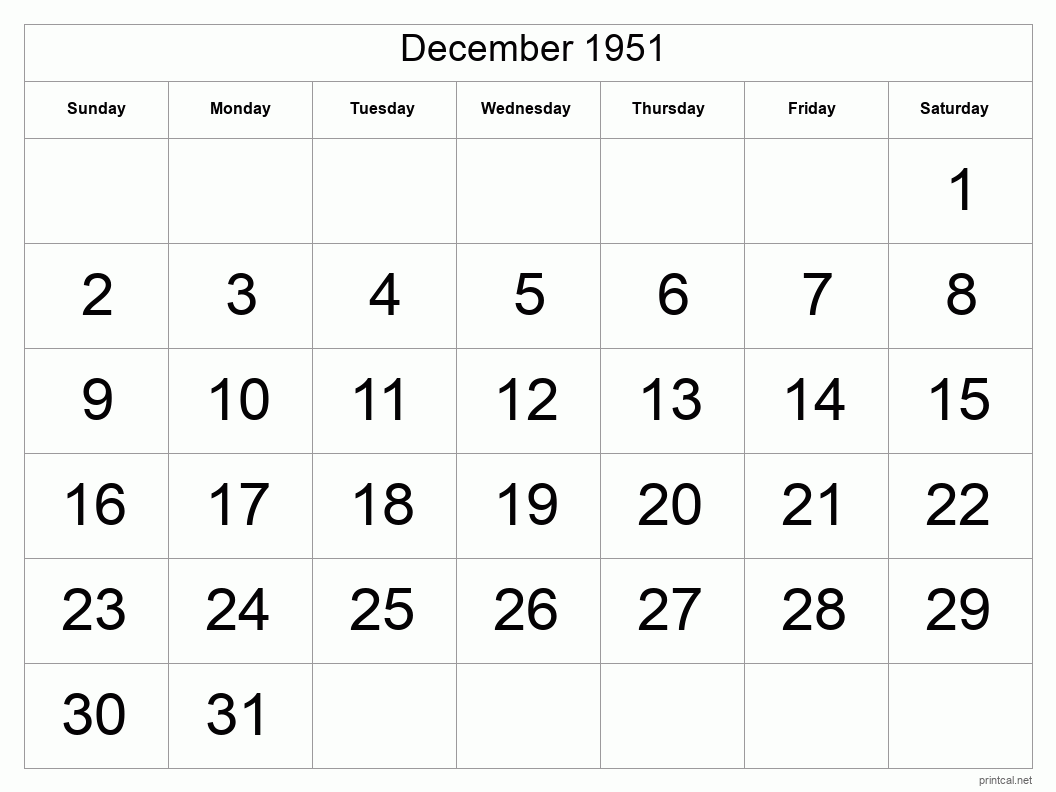 December 1951 Printable Calendar - Big Dates