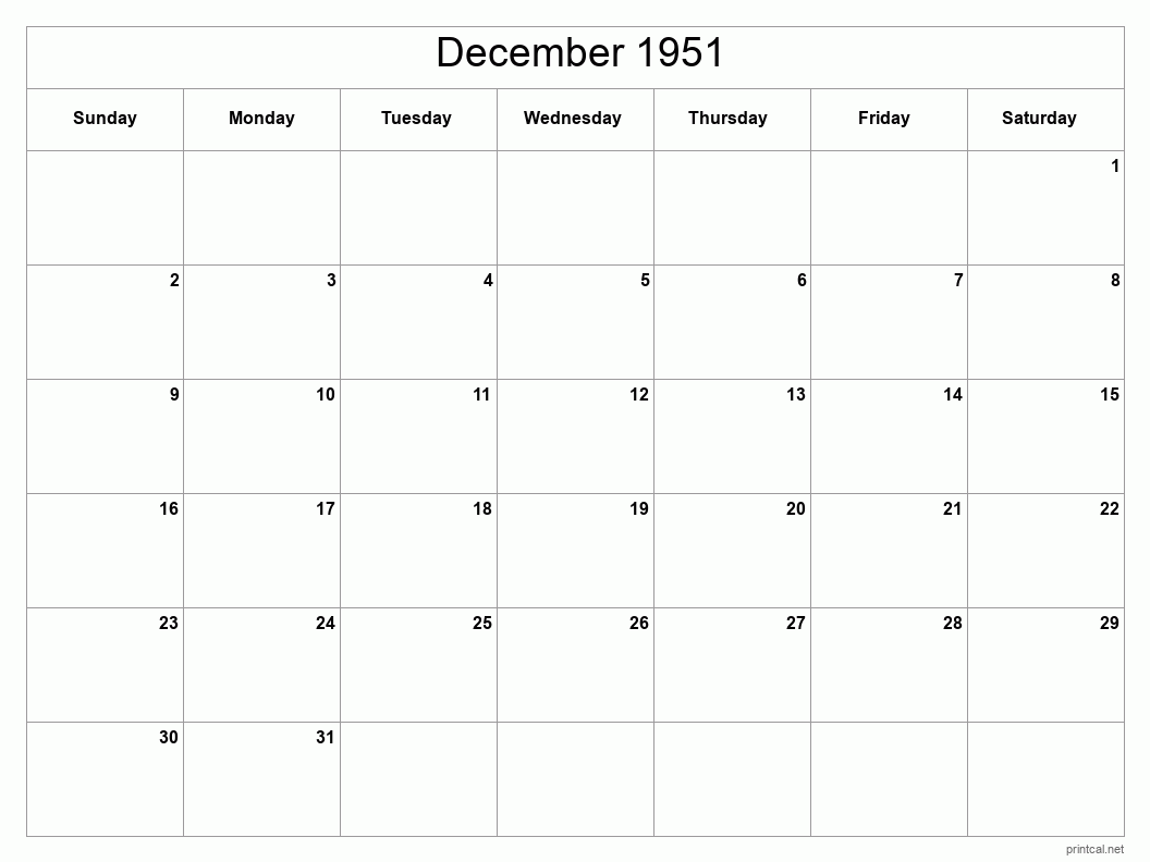 December 1951 Printable Calendar - Classic Blank Sheet