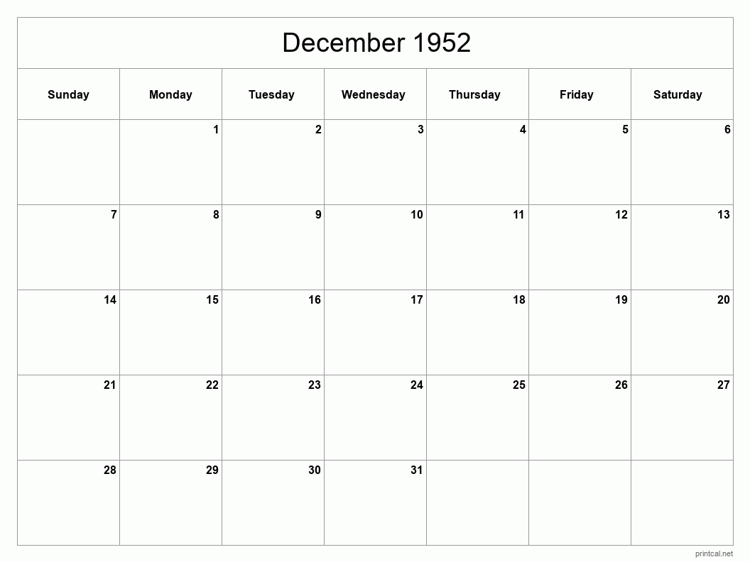 December 1952 Printable Calendar - Classic Blank Sheet