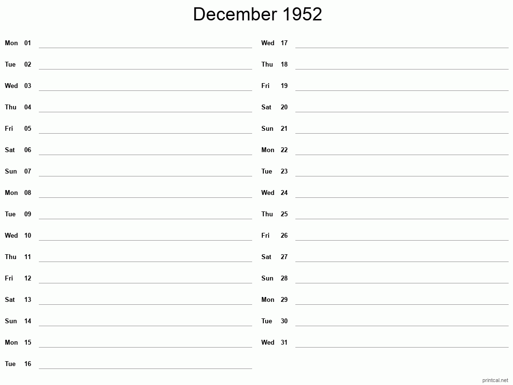 December 1952 Printable Calendar - Two Column Notesheet