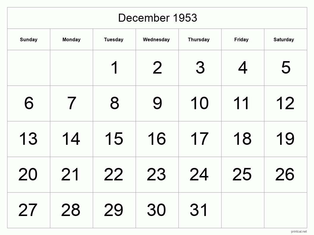 December 1953 Printable Calendar - Big Dates