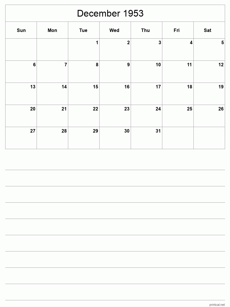December 1953 Printable Calendar - Half-Page With Notesheet