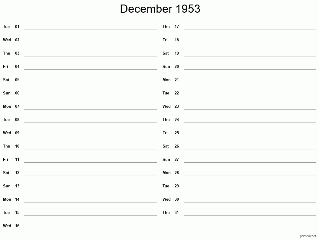 December 1953 Printable Calendar - Two Column Notesheet