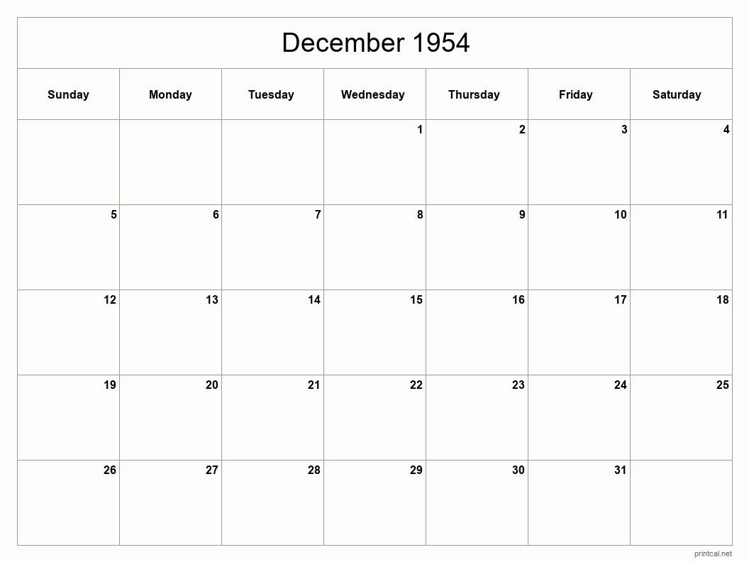 December 1954 Printable Calendar - Classic Blank Sheet