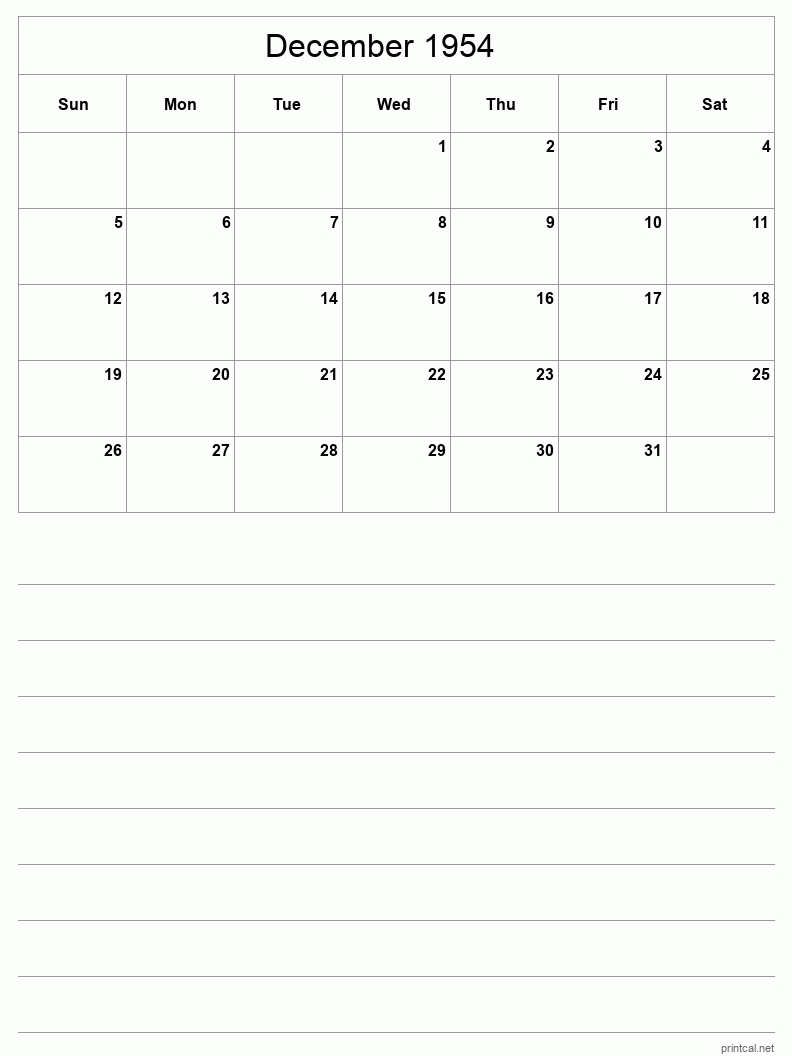 December 1954 Printable Calendar - Half-Page With Notesheet