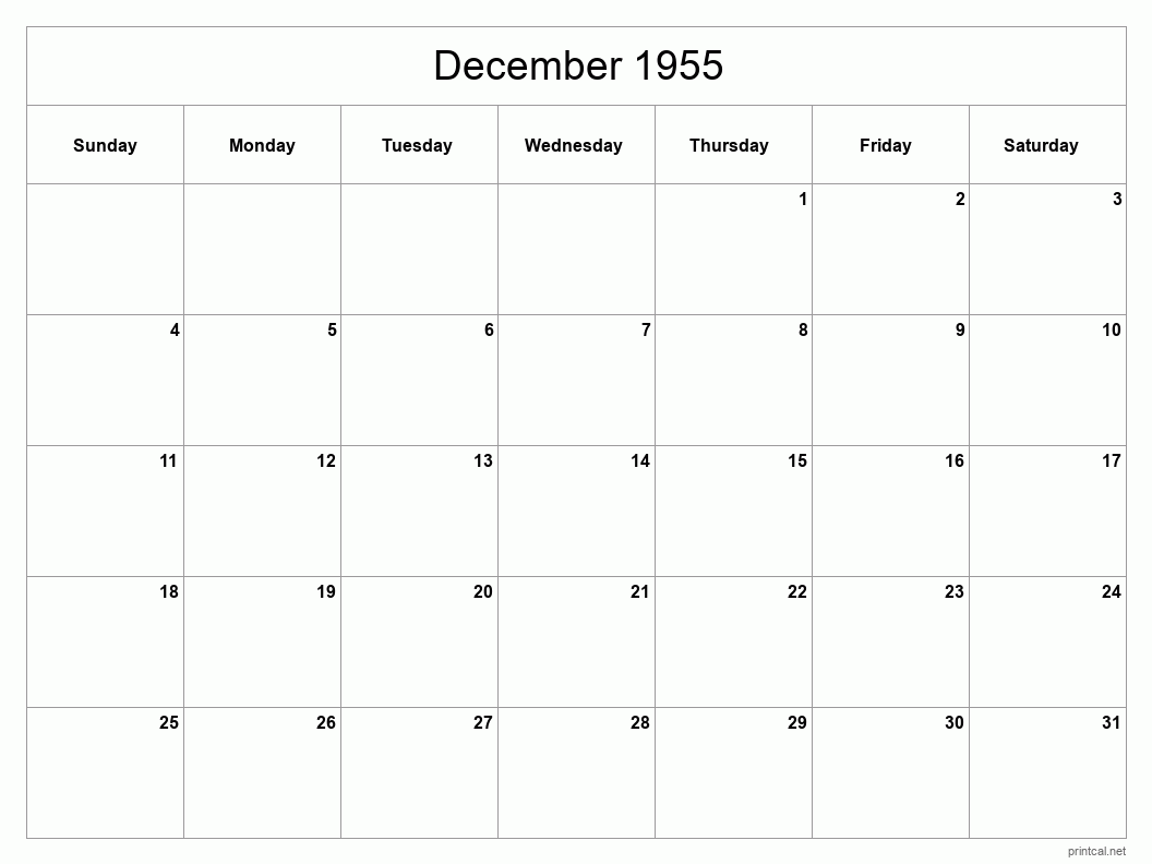 December 1955 Printable Calendar - Classic Blank Sheet