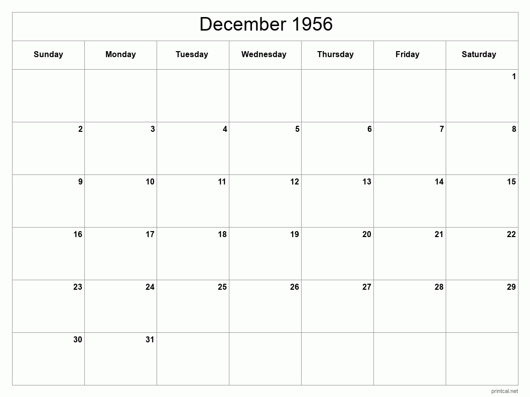 December 1956 Printable Calendar - Classic Blank Sheet