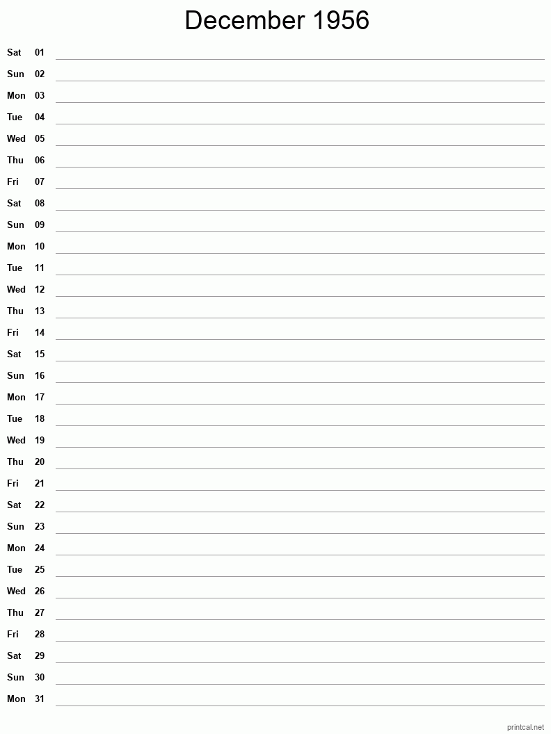 December 1956 Printable Calendar - Single Column Notesheet