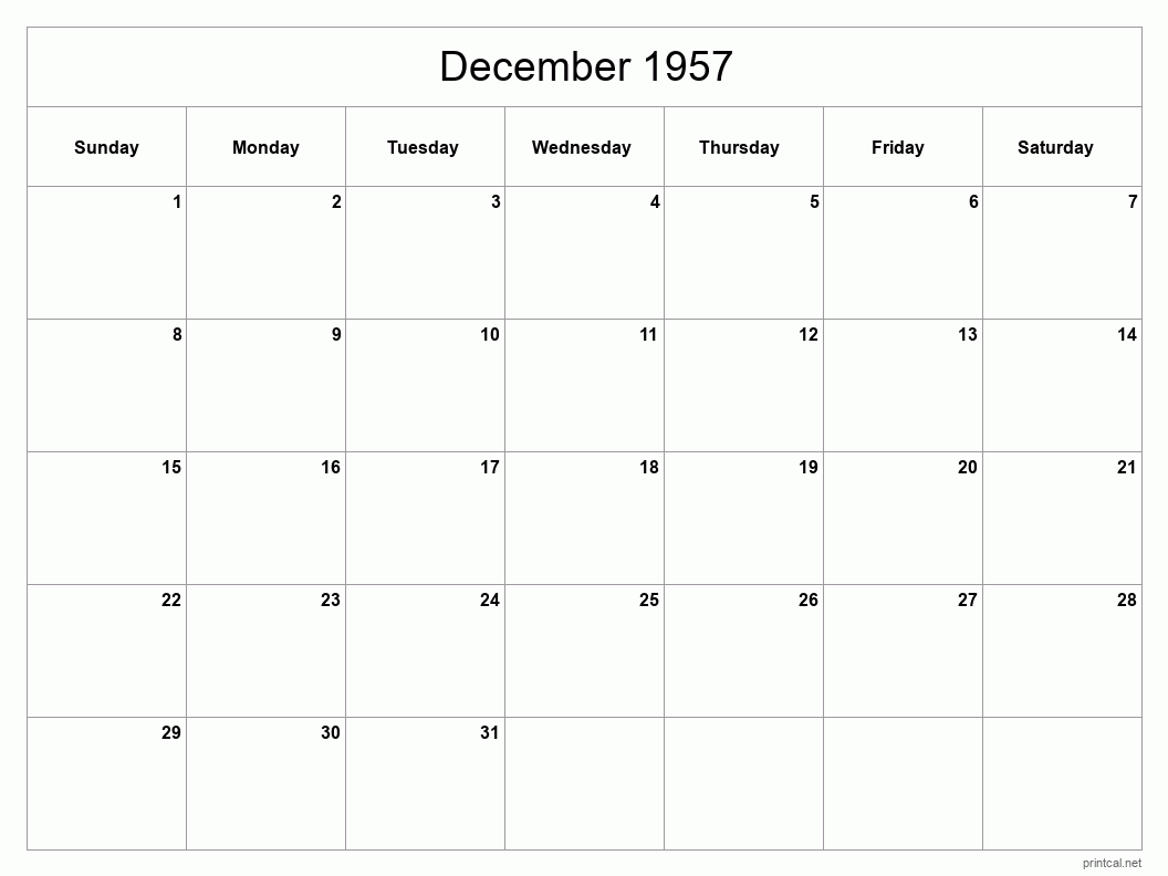 December 1957 Printable Calendar - Classic Blank Sheet