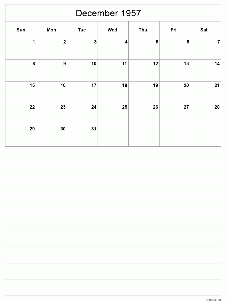 December 1957 Printable Calendar - Half-Page With Notesheet