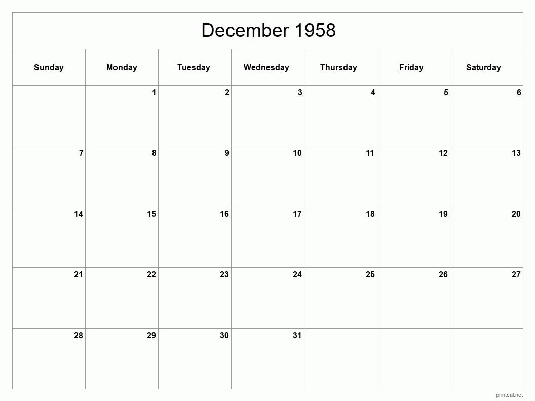 December 1958 Printable Calendar - Classic Blank Sheet