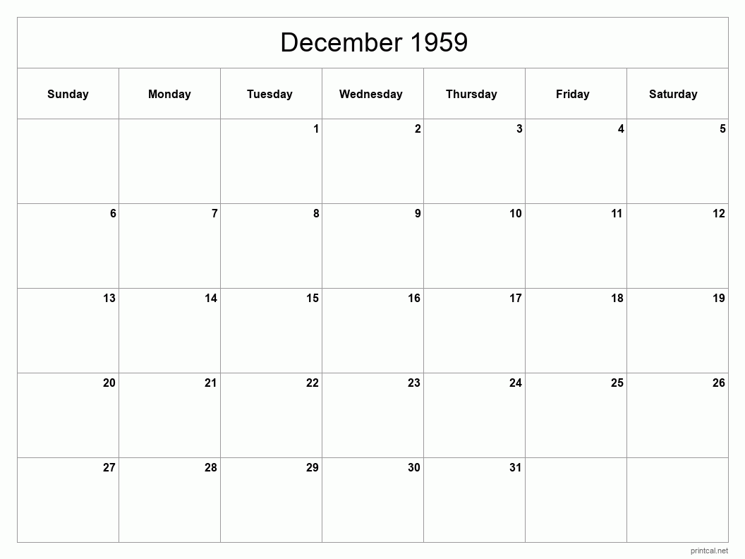 December 1959 Printable Calendar - Classic Blank Sheet